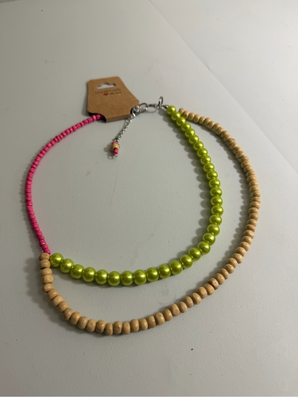 Beaded Layered Necklace in Pink, Lime & Natural -